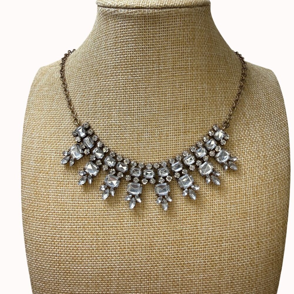 J.Crew Crystal Statement Necklace Antique Bronze‎ Chain Geometric Cluster Design
